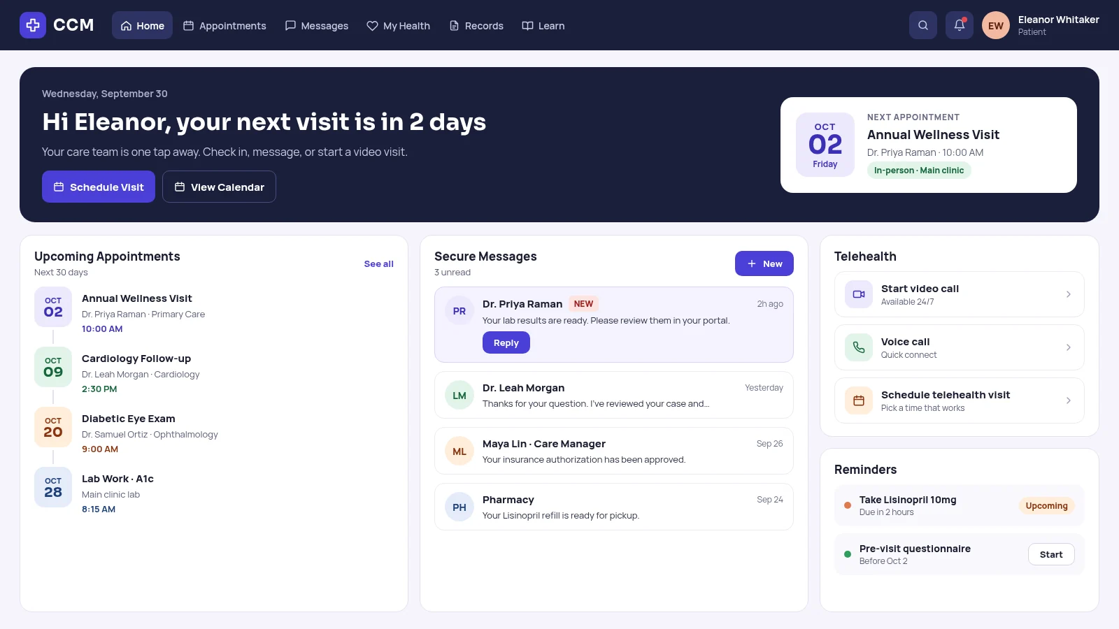 Patient home screen: next appointment, upcoming visits, secure messages from the care team, telehealth options, and medication reminders