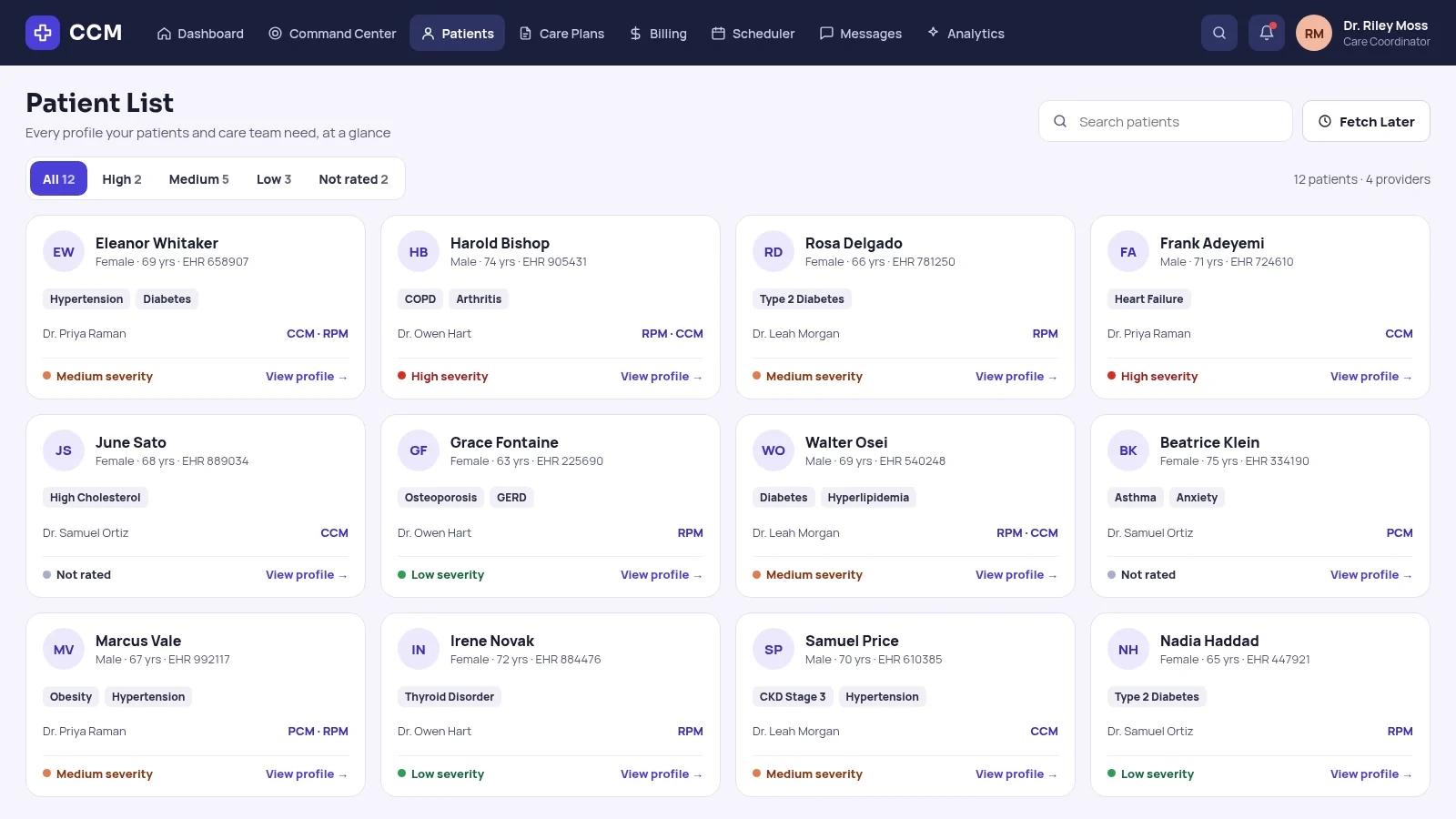 Patient list with EHR ID, conditions, provider, enrolled programs such as CCM, RPM and PCM, and severity for each patient, filterable by severity