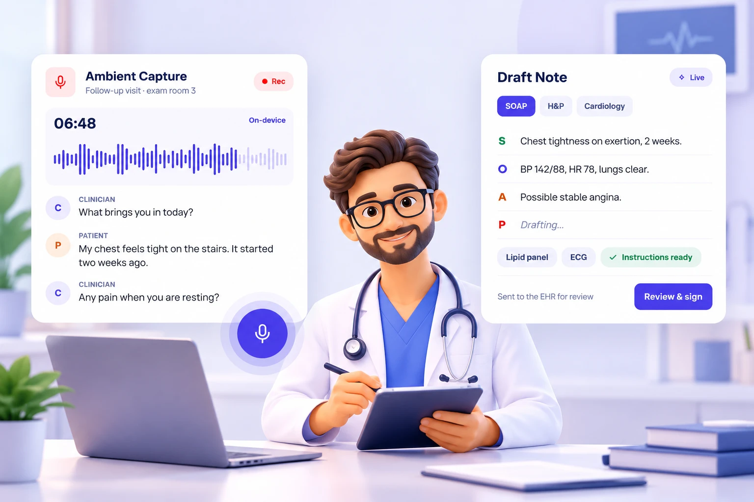 Ambient AI capturing a follow-up visit and drafting a SOAP note that is sent to the EHR for the clinician to review and sign.