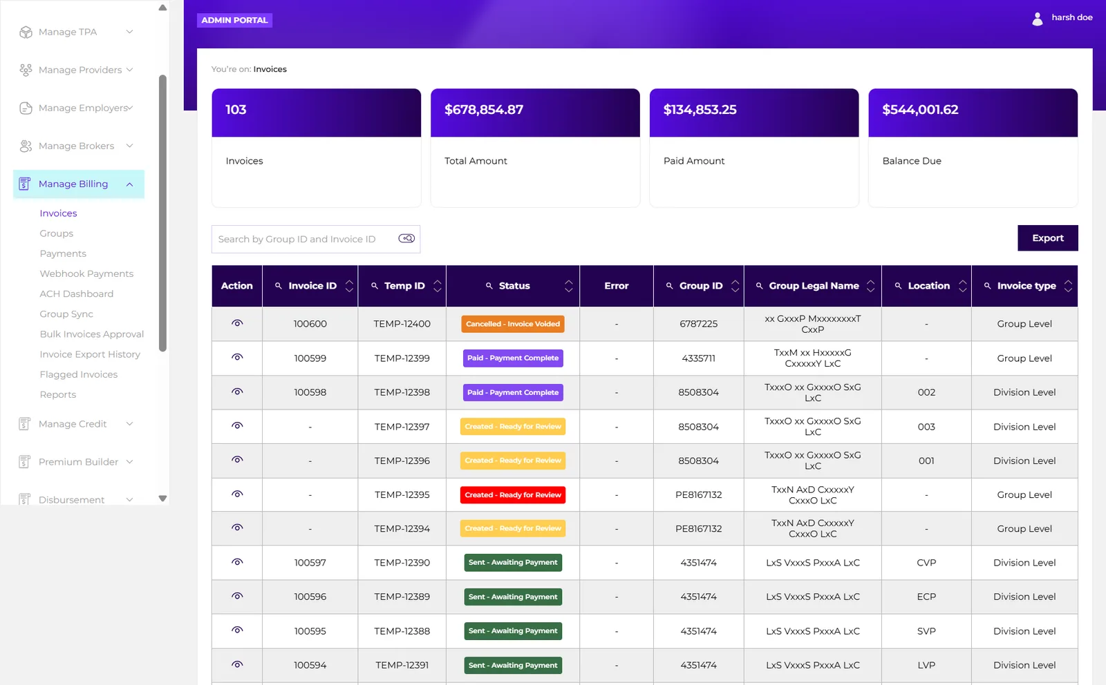 Invoices screen: invoice count, total, paid, and balance due, and a list where each invoice shows its lifecycle status, from ready for review and awaiting payment to paid, voided, or failed with the error