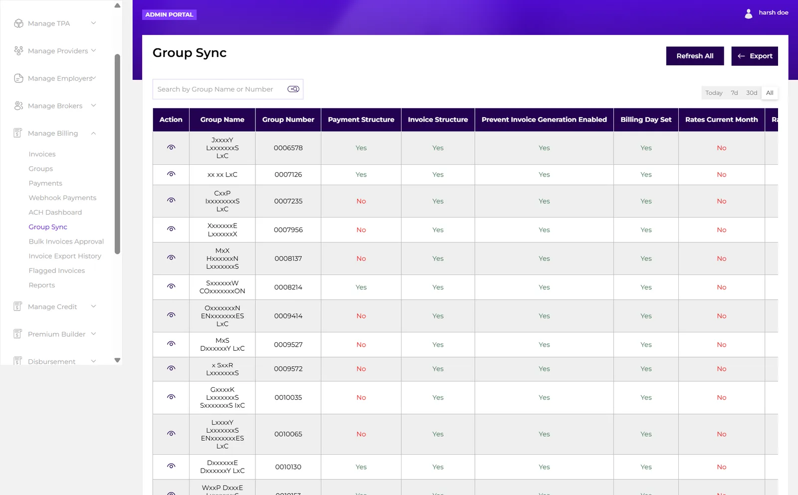 Group Sync screen: each group's sync state for payment structure, invoice structure, billing day, and current-month rates, with refresh all and export actions