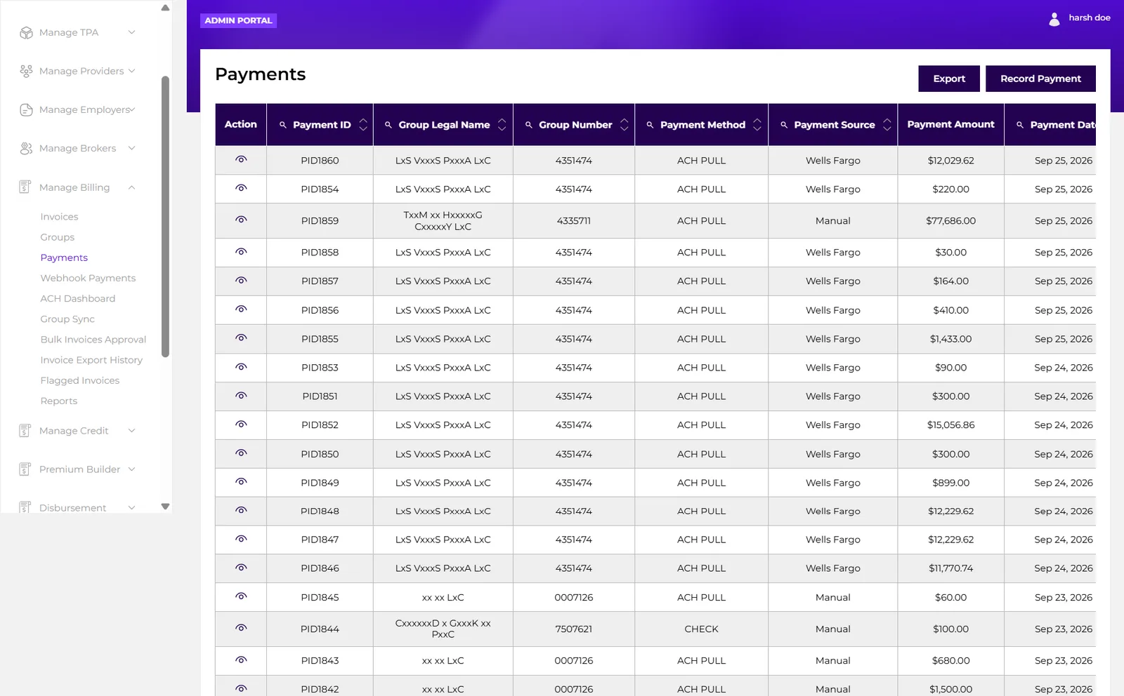 Payments screen: posted payments with payment ID, group, payment method, payment source, amount, and date, with export and record payment actions