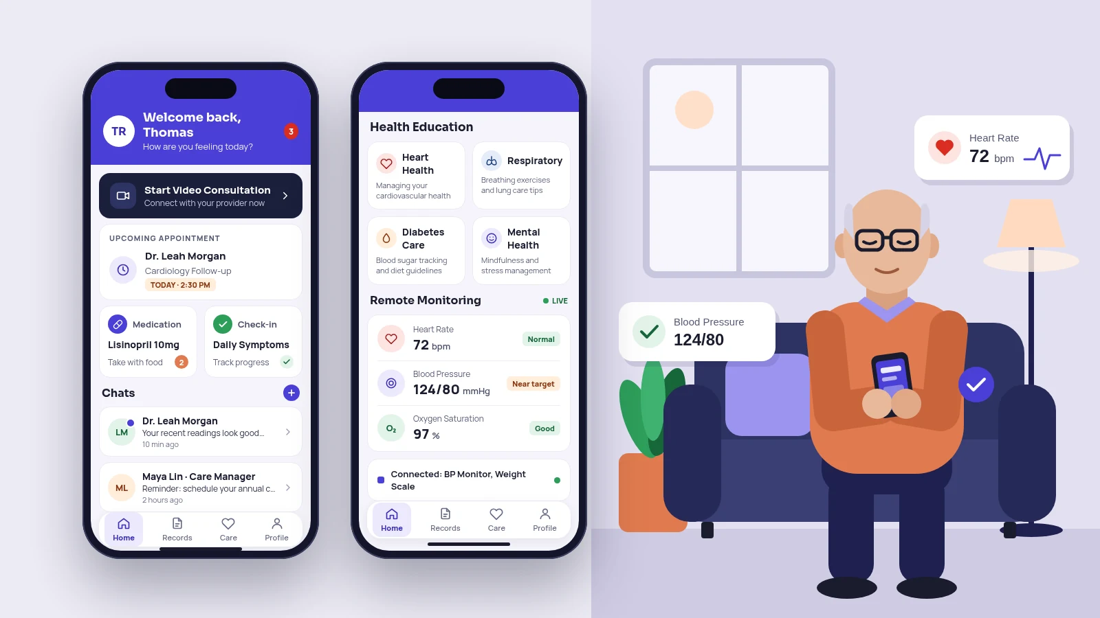 Patient mobile app: video consultation, upcoming appointment, medication and symptom check-ins, health education, and live readings from a connected BP monitor