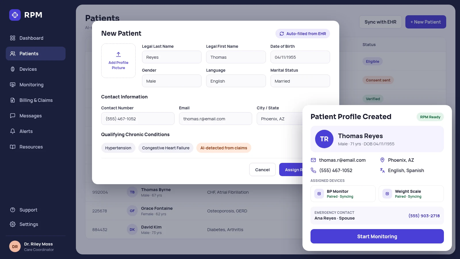 New patient form auto-filled from the EHR, with qualifying conditions detected from claims and a BP monitor and weight scale assigned before monitoring starts