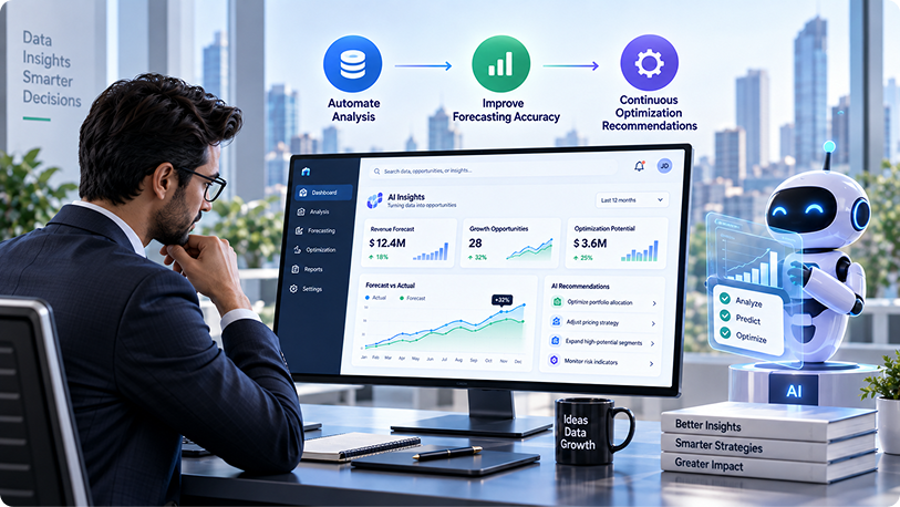 Investment team reviewing AI-enabled portfolio optimization and forecasting