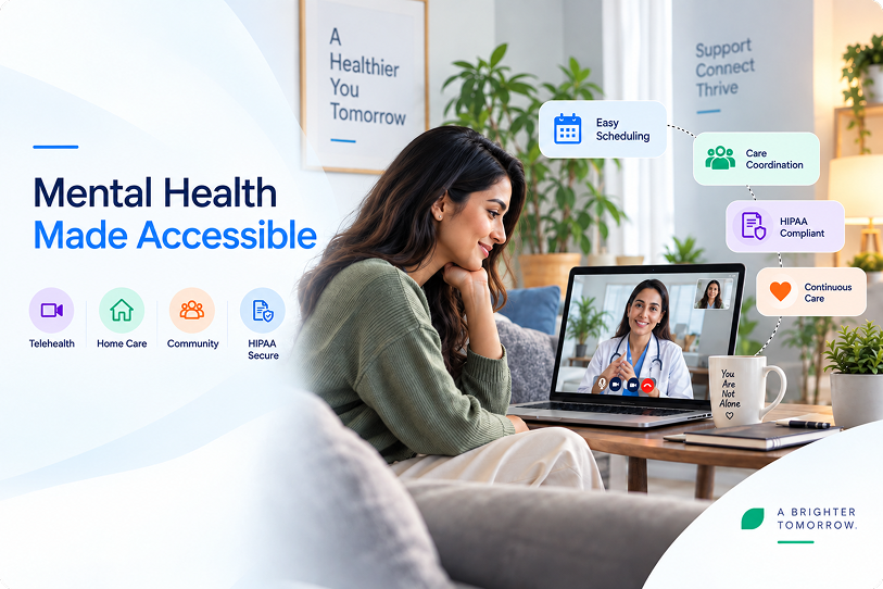 Mental health care team coordinating secure telehealth and patient access
