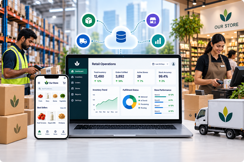 Retail team reviewing inventory accuracy, fulfillment, and connected stores