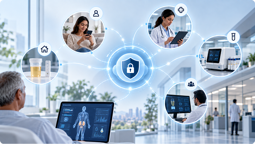 Healthcare diagnostics team reviewing AI-powered testing workflows